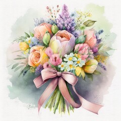 Watercolor Illustration of Spring Flowers. Spring Theme. Generative AI.
