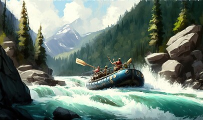  a painting of a raft going down a river with mountains in the background and trees on either side of the river, and a man on the front of the raft.  generative ai - obrazy, fototapety, plakaty