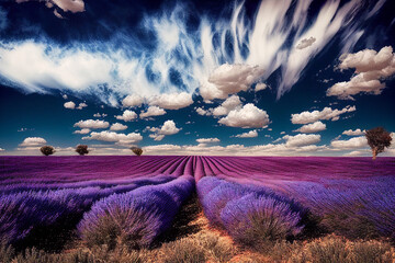 Fototapeta na wymiar Creative Aerial panoramic View. Field of lavender flower plants meadow under blue sky and fluffy clouds. Beautiful natural background. Spring summer