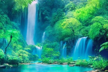 Fototapeta na wymiar Colorful jungle landscape with azure waterfall and beautiful blue lake in watercolor style.AI generated. Generative AI