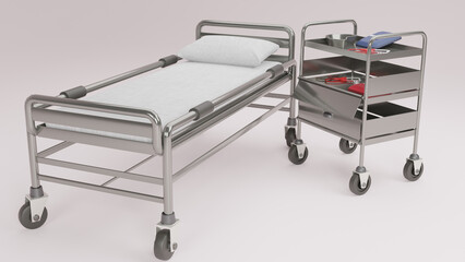 3D rendered illustration of a hospital bed, a trolley with medical kit, and a stethoscope On an isolated white background