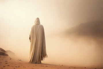 Man in white coat stand in a desert sands during the storm. Sand in a air, dusty mist. Generative AI