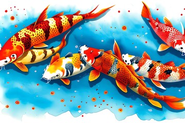 Watercolor Illustration of set of koi fish on white background, carp, hand drawn, illustration for greeting cards, invitations. Generative AI