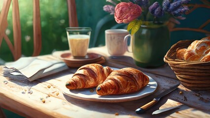 Breakfast on the outdoor terrace of the Norman-style house on a wooden table. Watercolor-style illustration. Early morning light. Generative AI - obrazy, fototapety, plakaty