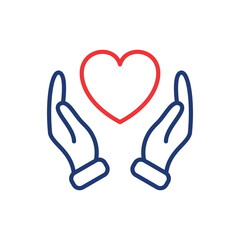 Hands Holding Love Heart. Care, Save, Charity, Volunteering and Donate Concept. Symbol of Goodness, Love, Hope and Mercy. Symbol of Love and Charity. Editable stroke. Vector illustration