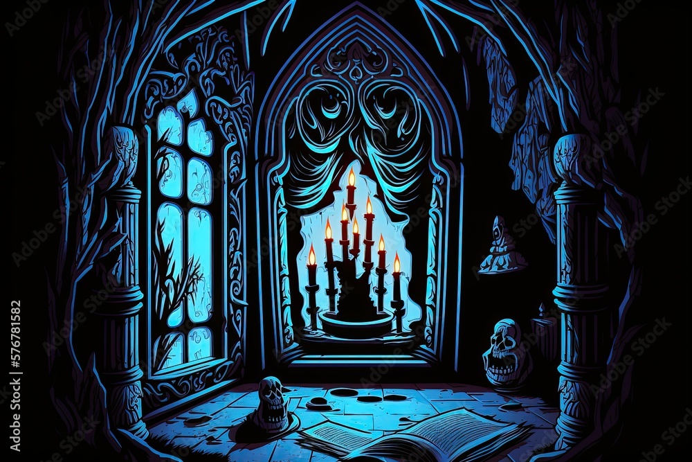 Sticker tales of terror for halloween. image of a foreboding chamber decked out in halloween trappings, cand