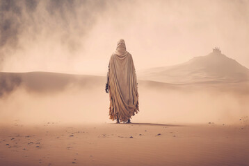Man in white coat stand in a desert sands during the storm. Sand in a air, dusty mist. Generative AI