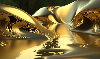  a computer generated image of a river with gold and silver waves and reflections on the water and a tree in the background, with a green leafy area in the foreground.  generative ai
