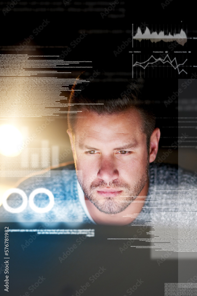 Aufkleber Scrutinizing the code. Shot of a focussed computer programmer working at his computer late at night.