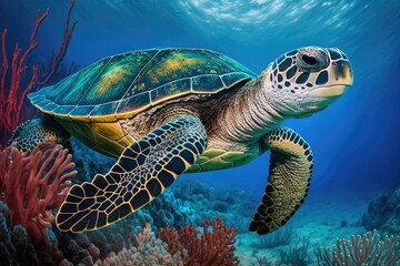 Fototapeta premium The hawksbill sea turtle, while swimming above the coral reef in Riviera Maya, Mexico. Generative AI