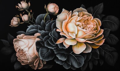  a painting of a bouquet of flowers on a black background with leaves and flowers in the middle of the frame, with a black background of a black background with a.  generative ai
