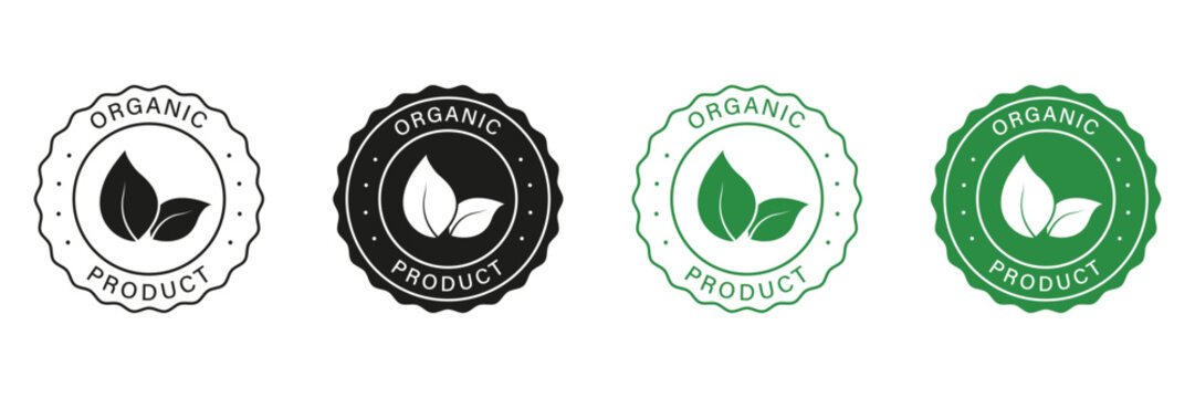 Organic Food Label Set. Bio Healthy Eco Food Line and Silhouette Signs. 100 Percent Organic Green and Black Icons. Natural and Ecology Product Vegan Food Sticker. Isolated Vector Illustration
