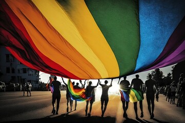 Fototapeta People with rainbow flag on pride parade obraz