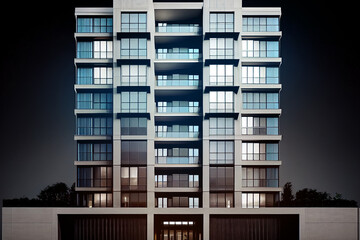 Contemporary apartment building exterior made of glass and concrete.
Digitally generated AI image.