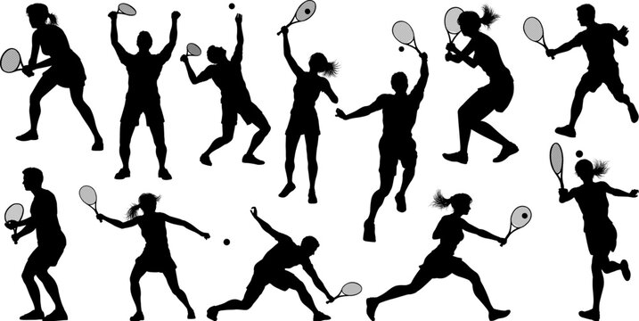 A set of tennis player man and woman silhouette sports people design elements