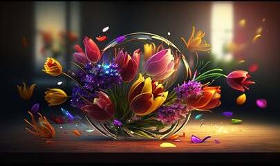  a vase filled with lots of flowers on top of a wooden table next to a vase filled with colorful flowers and butterflies flying around it.  generative ai