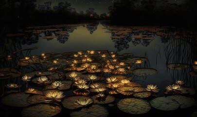  a painting of lily pads in a pond with a full moon in the sky above them and a pond of water lillies in the foreground.  generative ai