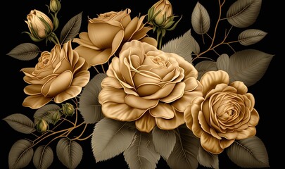  a bunch of flowers with leaves on a black background with a black background and a black background with a gold rose and leaves on a black background.  generative ai