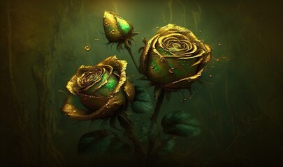  a painting of three roses with water droplets on them and green leaves on the stems, with a dark green background and a yellow light.  generative ai