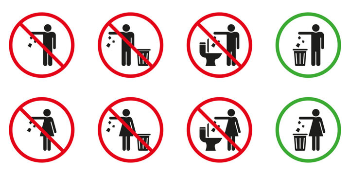 Please No Flush Litter in Toilet Sign Set. Allowed Throw Napkins, Paper, Pads, Towel Only in Waste Basket Silhouette Icon. Throw Litter in Toilet Prohibited Pictogram. Isolated Vector Illustration
