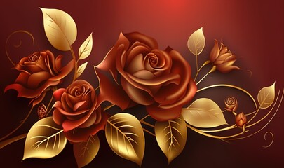  a red rose with gold leaves on a dark background with a red background and a red background with gold leaves and a red background with a red rose.  generative ai