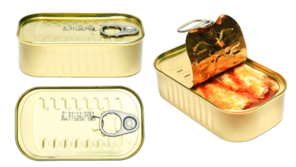 Set of Preserve food canned in Golden metal square tin cans for food can mockup and an open sardine in tomato sauce. Food can with blank label isolated on white.