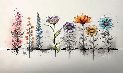  a painting of a row of flowers with watercolors on it's sides and a line of flowers on the side of the row.  generative ai