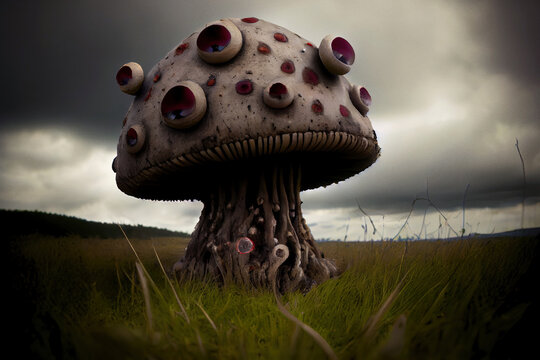 Paraside mushroom in a dark field. Digitally generated AI image.