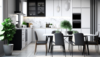 Monochrome kitchen design with modern appliances and a touch of greenery, reflecting a sophisticated urban lifestyle.