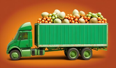 a green truck with a bunch of fruit in the back of it's flatbed trailer on an orange background with a red background.  generative ai