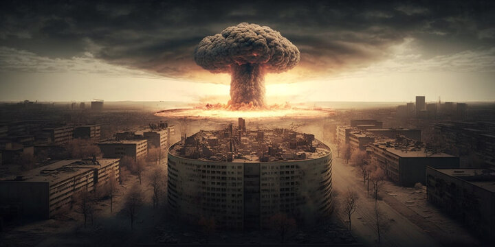 A catastrophic scene depicting a nuclear explosion over a city, with a dramatic mushroom cloud rising.