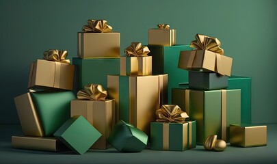  a pile of presents with gold bows and bows on top of each one of the boxes is green and gold boxes are stacked on top of each other boxes.  generative ai