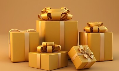  a group of gold wrapped presents on a brown background with a bow on the top of one of the boxes and a bow on the bottom of the boxes.  generative ai