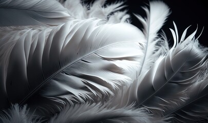  a black and white photo of a group of white feathers on a black background with a black background and a black background with white feathers.  generative ai