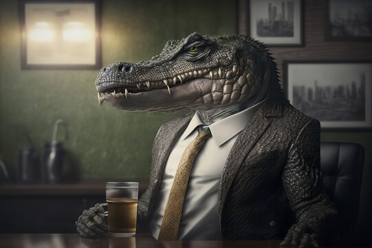 Crocodile man in a business suit in the office. Businessman predator. Corporation boss. Company director. The reptile rules the world. Generative art.