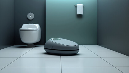 A robotic vacuum cleaner in a teal bathroom, signifying efficient cleaning in contemporary home design.