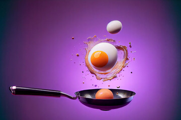 whole and fried eggs above a frying pan float in the air on a violet. Breakfast time, AI Generated
