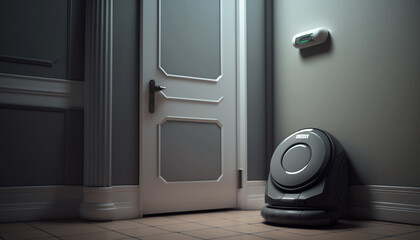 A robotic vacuum cleaner pauses near a closed door, showcasing its role in maintaining clean home environments.