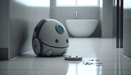 A futuristic cleaning robot encounters debris in a modern bathroom, representing efficiency in automated sanitation.
