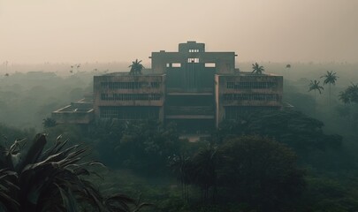  a large building in the middle of a jungle with palm trees in the foreground and a foggy sky in the background with a few clouds.  generative ai