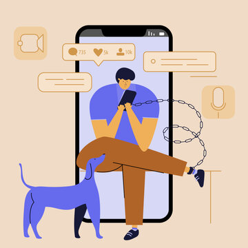 The man with dog touch mobile phone and chatting, talk in virtual social network or watch online news, stories, video, and play in games. The persons have got phone addiction, FOMO, device bad habit.