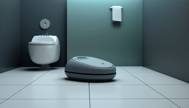 A robotic vacuum cleaner in a teal bathroom, signifying efficient cleaning in contemporary home design.
