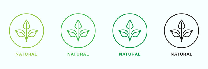 Natural Organic Product Green and Black Line Icon Set. Quality Fresh Natural Ingredients Outline Stickers. Eco Friendly Healthy Food Label. Leaf Symbol of Pure, Certified Logo. Vector Illustration