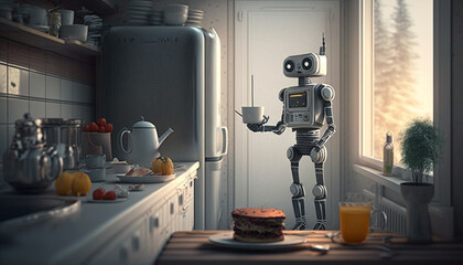A humanoid robot carrying a coffee cup in a cozy kitchen, showcasing a blend of robotics and daily routine.