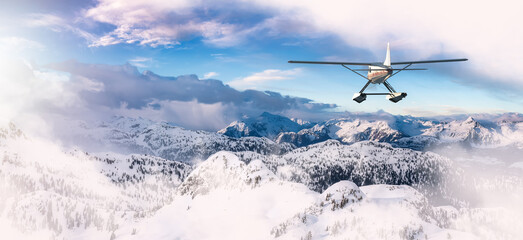 Fototapeta na wymiar Seaplane flying over the Rocky Mountains. Aerial Landscape from BC, Canada near Squamish and Vancouver. Epic Adventure Composite. 3D Rendering Airplane