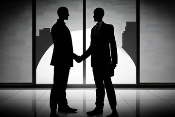 Two businessmen in a business suit in the office. Partners shake hands. Colleagues conclude an agreement. Corporation boss. Company director. Generative art.