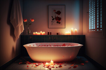 Romantic bathroom with rose petals and candles, Generative AI