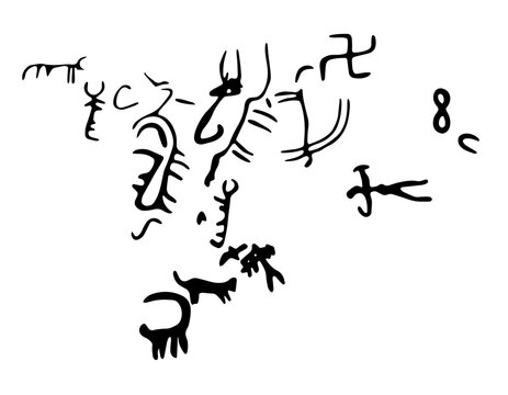 Rock petroglyphs depicting people with a bow hunting animals. Vector illustration of prehistoric rock petroglyphs discovered on the territory of Armenia