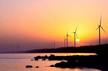 Wind farms on a steep seashore, at dawn