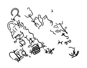 Rock petroglyphs depicting predatory attacks on livestock. Vector illustration of prehistoric rock petroglyphs discovered on the territory of Armenia